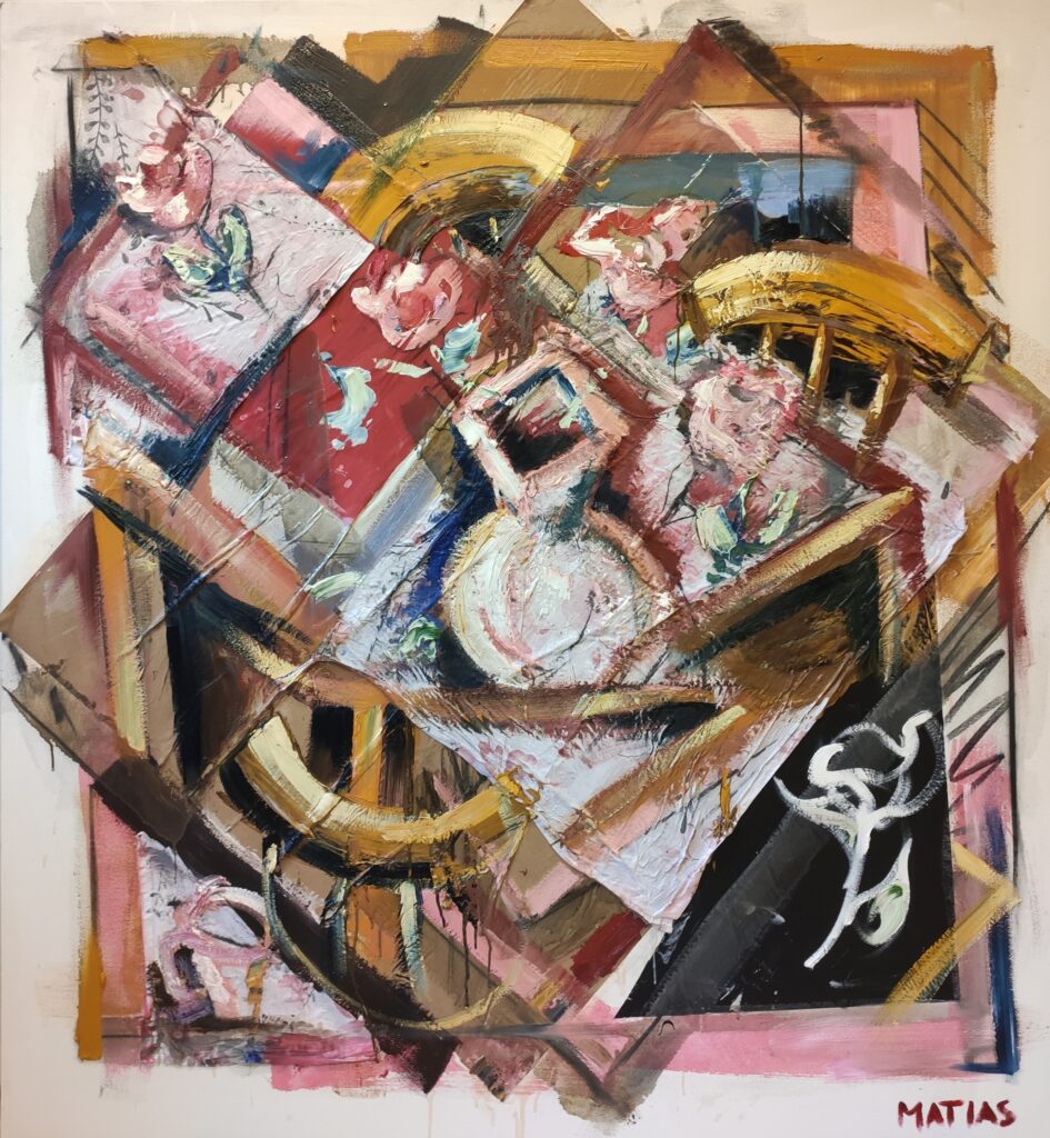 bowl at the table, oil and mixed media to canvas, 163x150cm, 2022