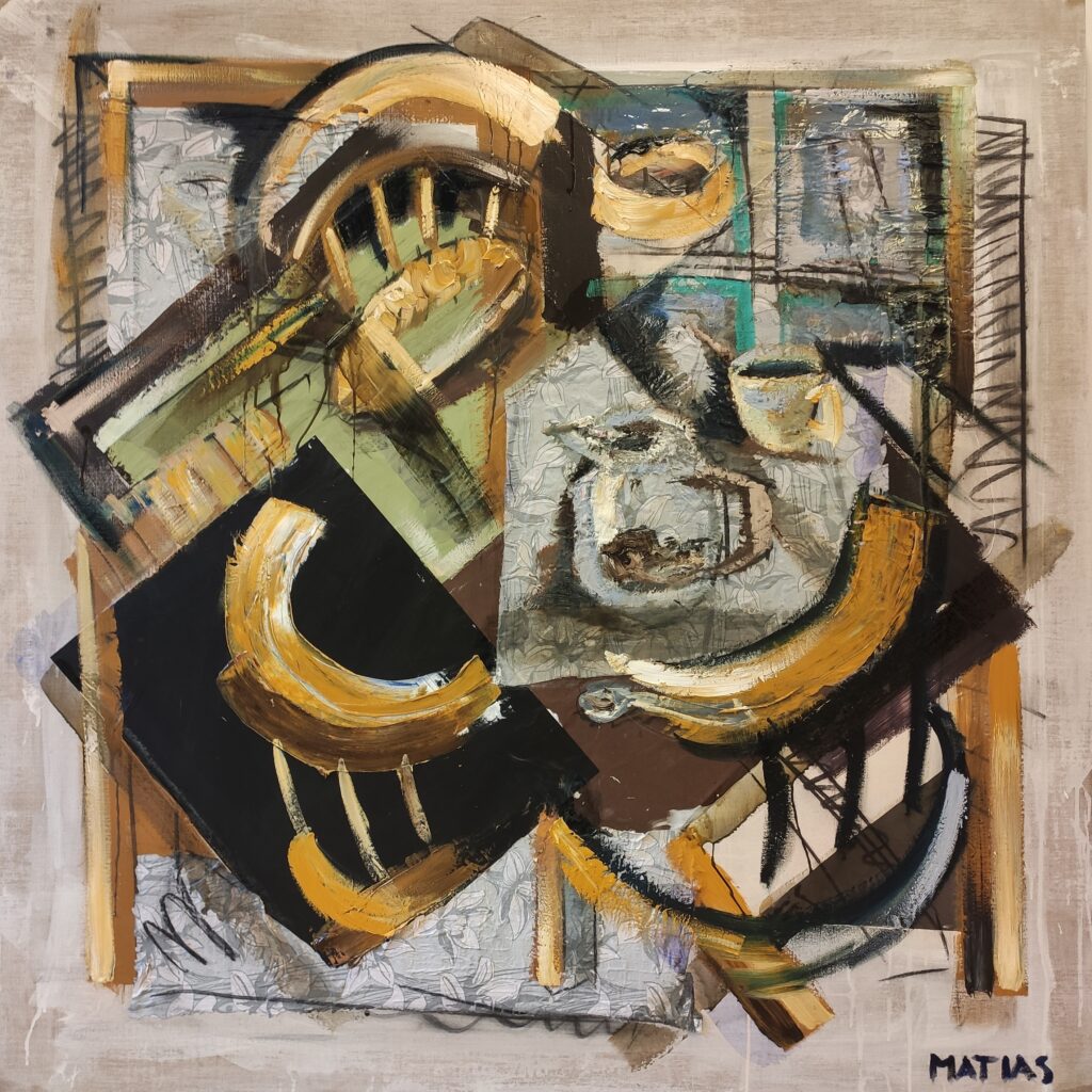 Morning table, oil and mixed media to canvas, 160x160cm, 2022